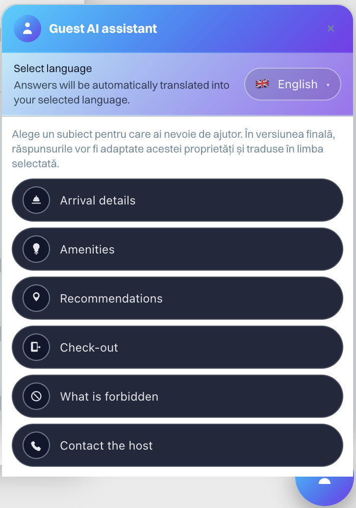 Preview of the Guest AI assistant interface