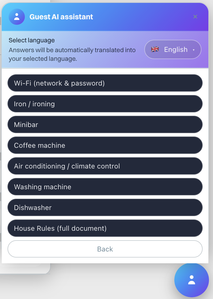 Guest AI assistant amenities menu