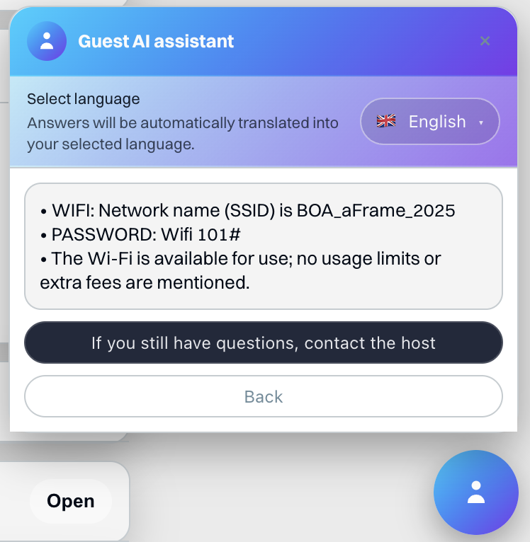 Guest AI assistant Wi‑Fi answer example