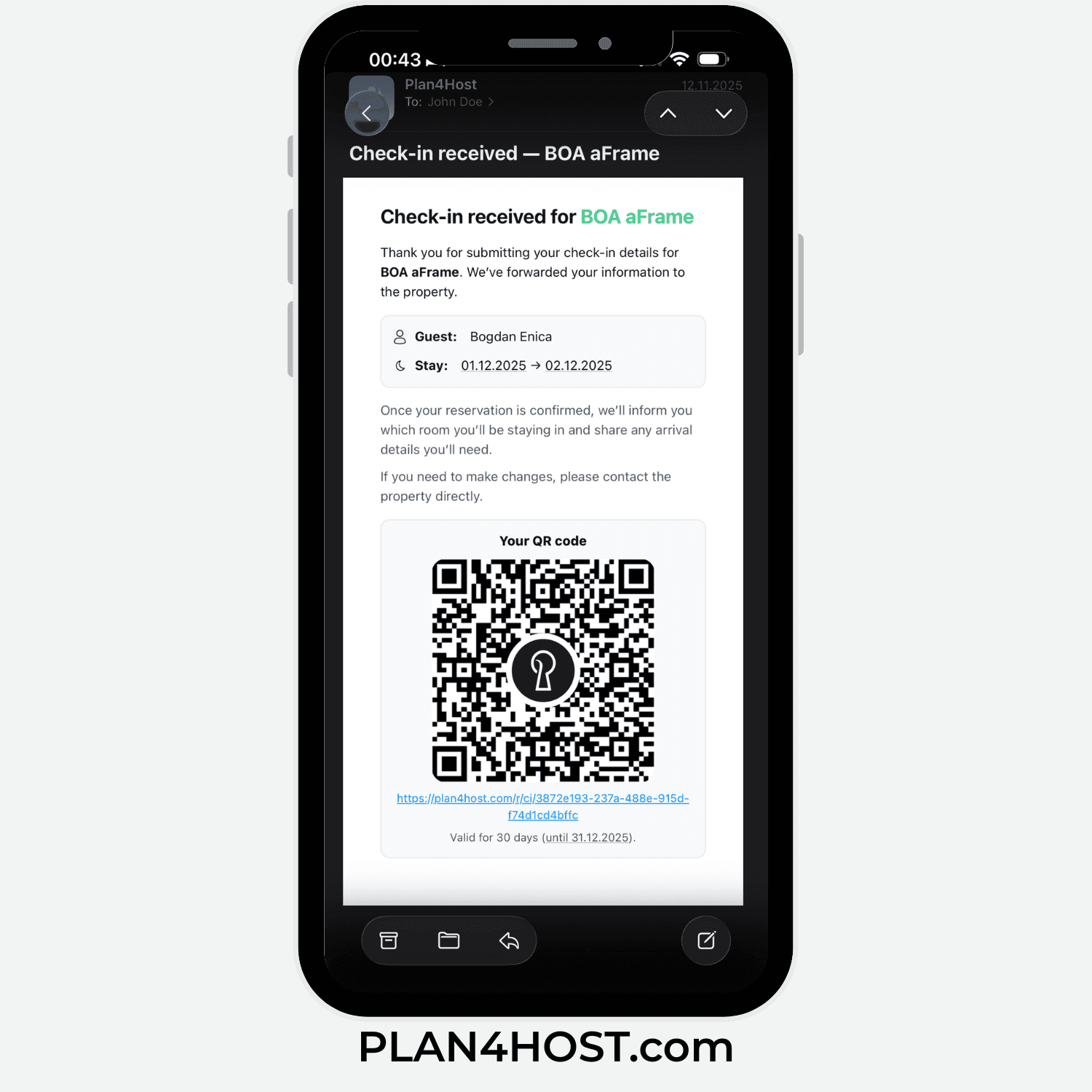 Example confirmation after submitting the check-in form